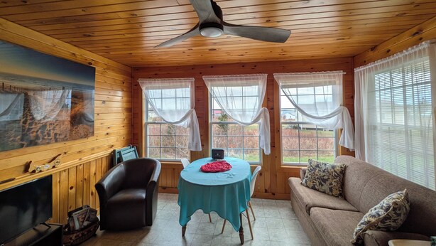 A cozy cabin interior with a wooden ceiling, a ceiling fan, a television, a sofa, a table with a tablecloth, and two windows with curtains.