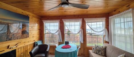 Smart TV, fireplace, books