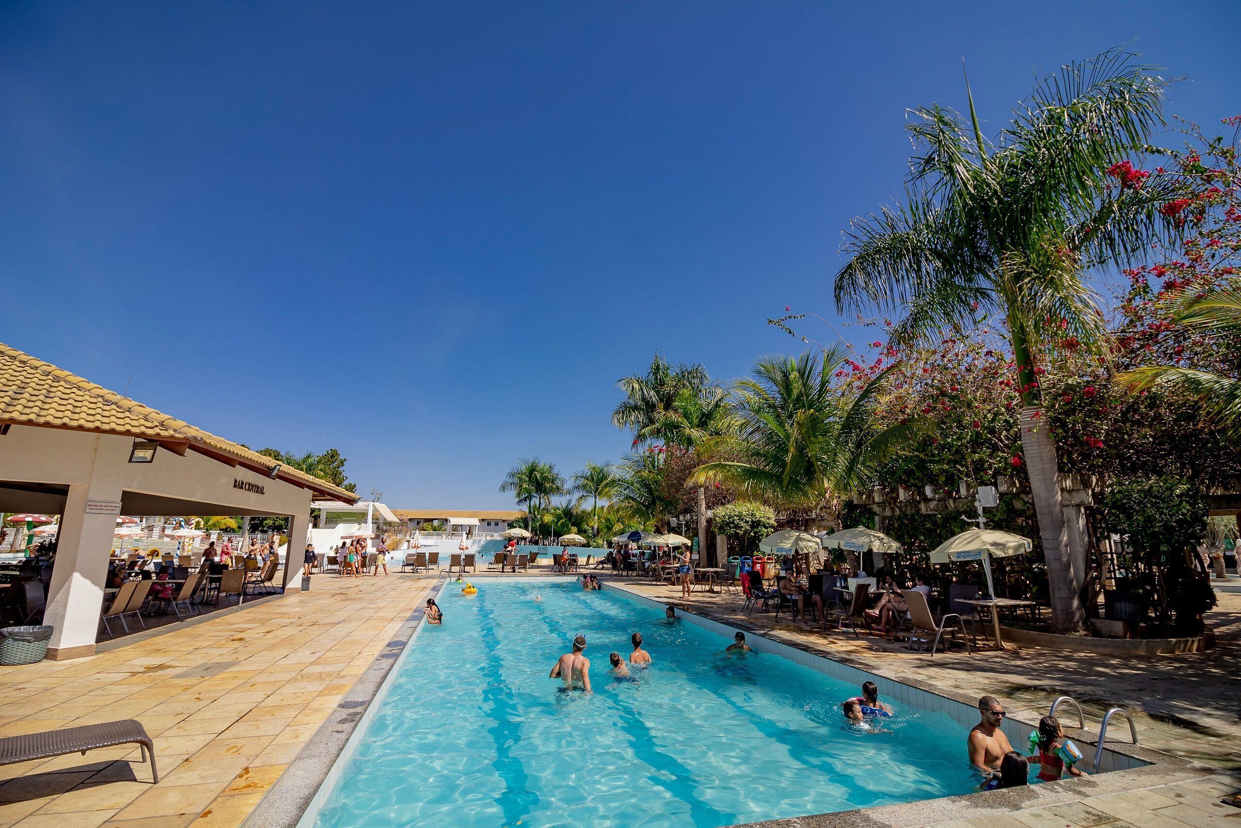 Zona de piscina con sillas de descanso y sombrillas, rodeada de palmeras y un edificio con la leyenda 'BAR EXCITING'.
