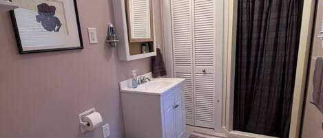 A bathroom with a toilet, sink, mirror, and a shower curtain.