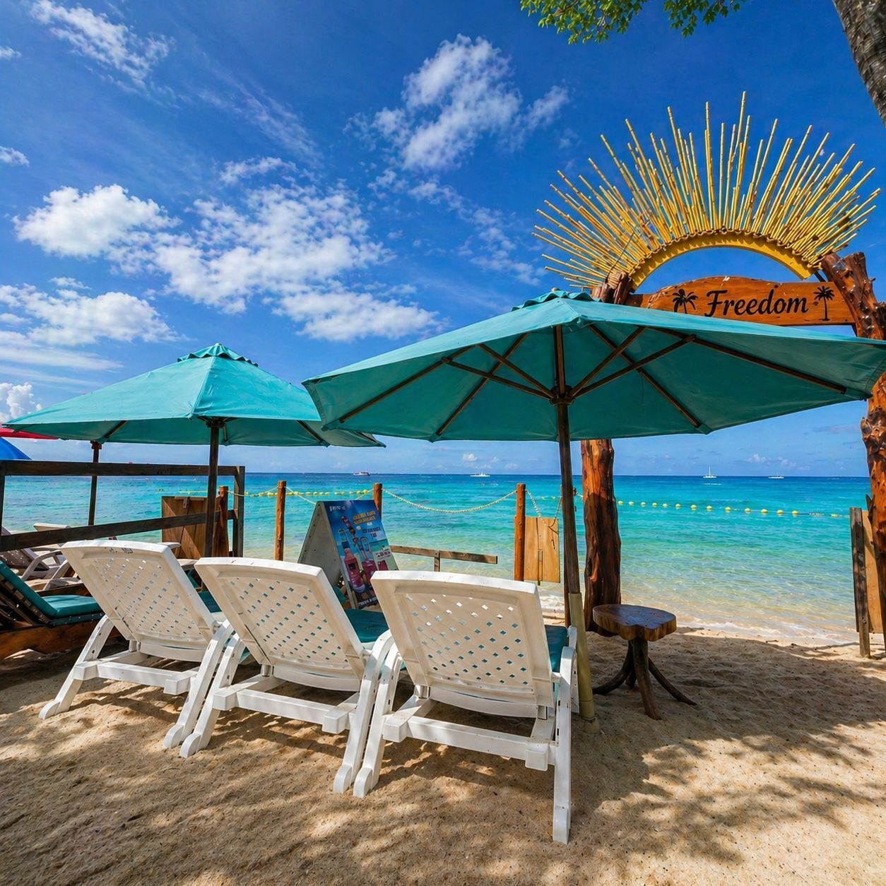 A beach with white lounge chairs, turquoise umbrellas, and a sign reading 'Freedom.'