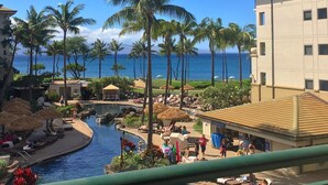 A resort with a pool, palm trees, and a view of the ocean.