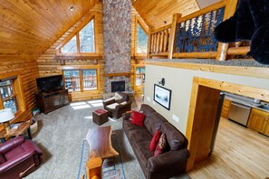 Smart TV, fireplace, books