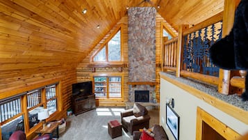 Smart TV, fireplace, books