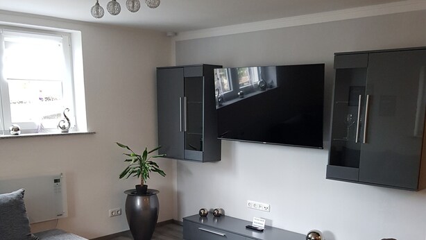 A modern living room with a flat-screen TV, dark cabinets, a glass coffee table, and a potted plant. - Holiday Apartment "Lila Pause" with Private Terrace & Wi-Fi (Ellweiler)