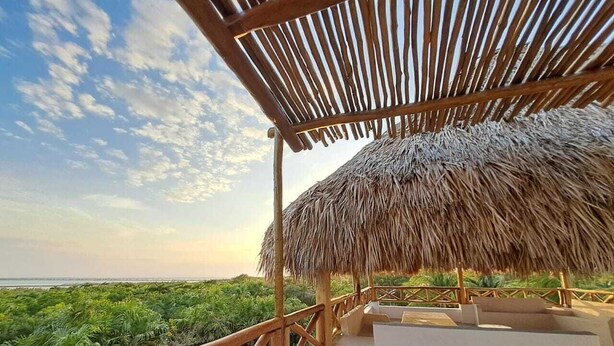 A thatched-roof structure with a wooden railing overlooking a lush green landscape and the sea. - Casa Baloo (El Cuyo)