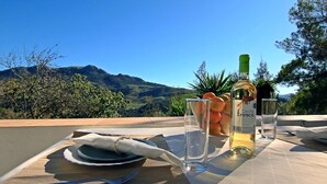 A table set outdoors with a bottle of Cacho Fresco wine, glasses, and a plate of fruit.