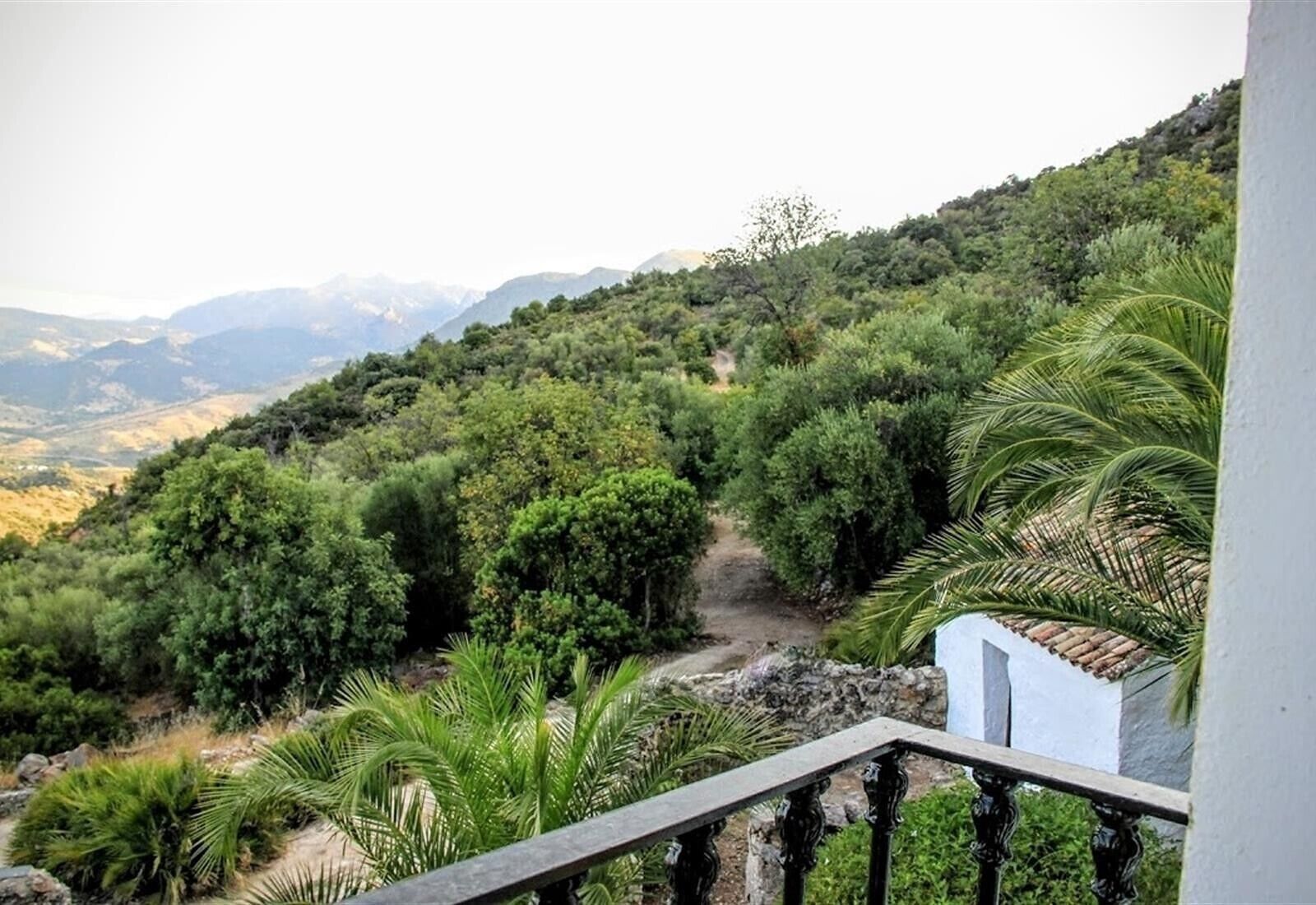 Un balcón con vistas a un paisaje montañoso, vegetación densa y un sendero de piedra.