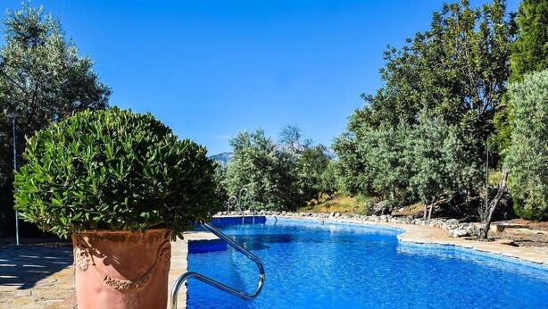 A swimming pool with a metal ladder, surrounded by trees and a brick pathway. - 'Studio Romantic Paradise 3' with Mountain View, Pool, Wi-Fi & Garden (Ronda)