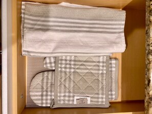 Hair dryer, towels, soap, toilet paper