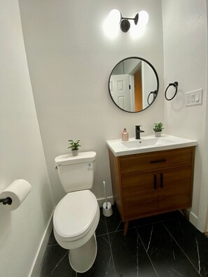 Hair dryer, towels, soap, toilet paper