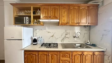Fridge, microwave, stovetop, coffee/tea maker