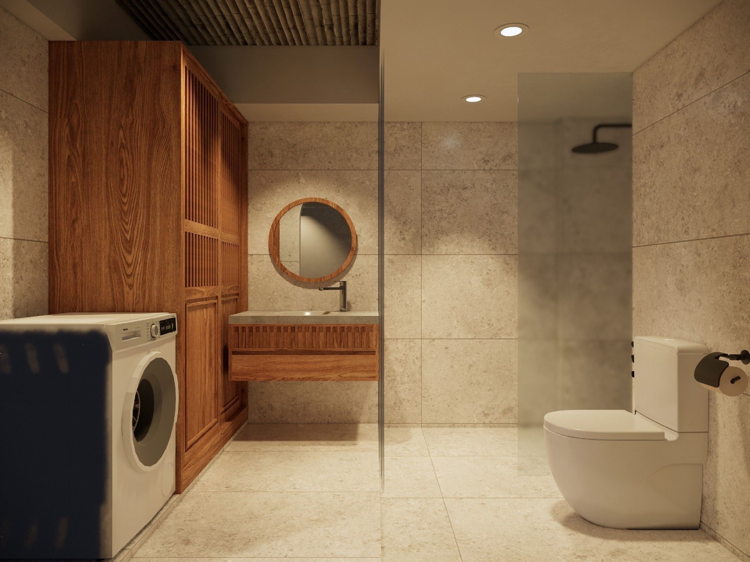 A modern bathroom with a wooden vanity, a round mirror, a toilet, and a washing machine.