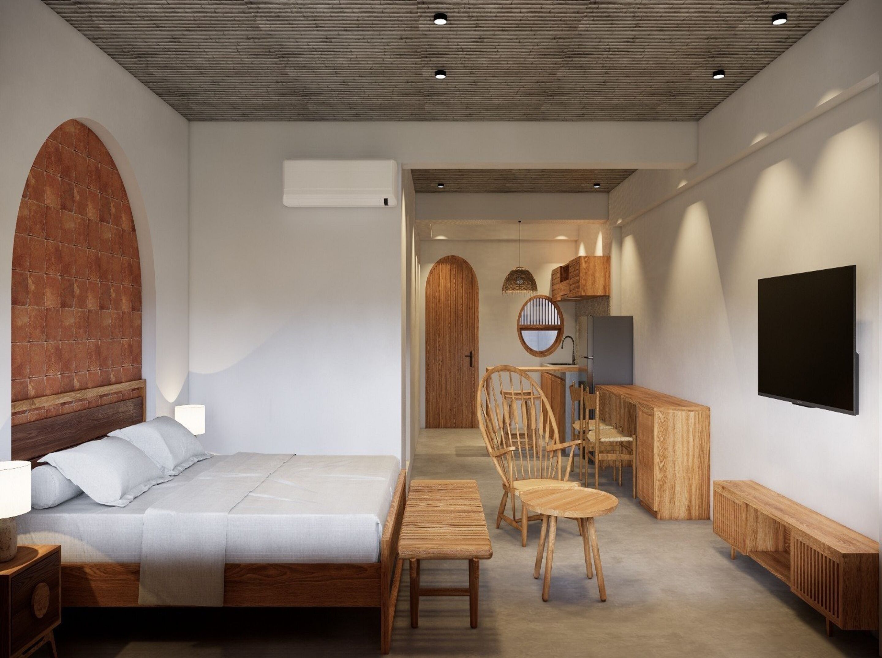 Un dormitorio moderno con una cama grande, cabecera de madera, un escritorio y un televisor.