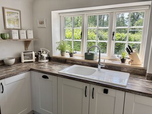 A kitchen with a large window, a sink, a toaster, a kettle, and potted plants. - Drovers Run - sleeps 2 guests  in 1 bedroom (Chard)