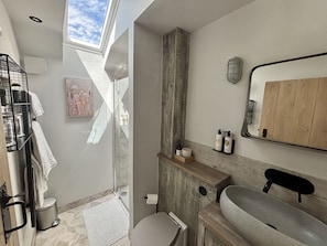 A modern bathroom with a skylight, a wooden vanity, a sink, and a shower. - Drovers Run - sleeps 2 guests  in 1 bedroom (Chard)