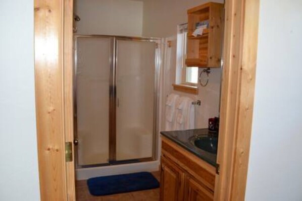 A bathroom with a glass shower enclosure, wooden cabinets, and a sink. - Marr's Mountain Cabins - Cabin 1 (Red Feather Lakes)