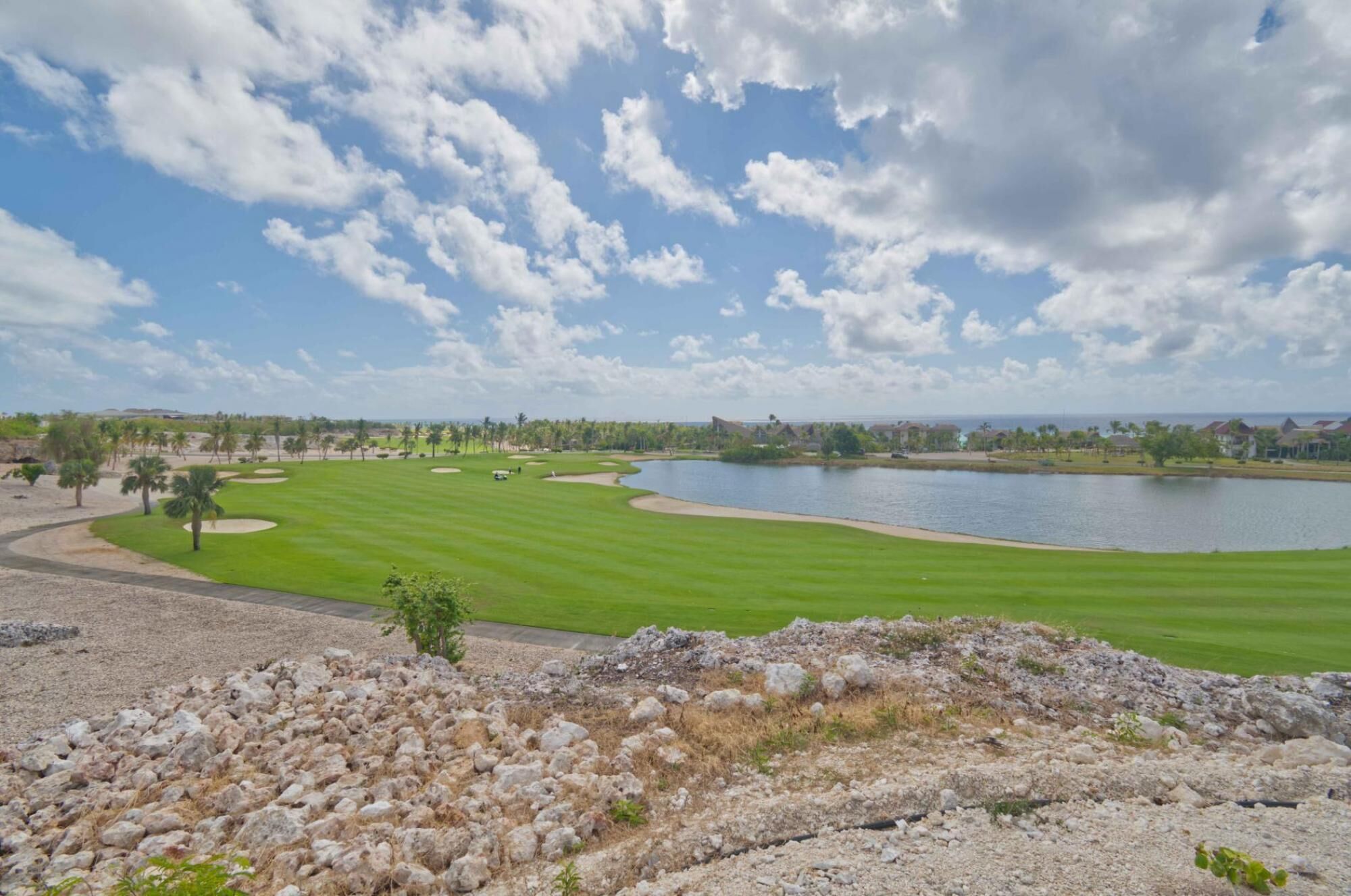 A golf course with a lake, surrounded by residential buildings and palm trees.