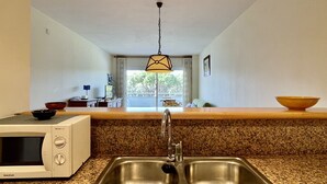 A kitchen with a stainless steel sink, a microwave, and a hanging light fixture. - GREEN MAR F 304 (Pals)
