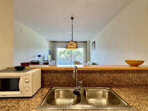 A kitchen with a stainless steel sink, a microwave, and a hanging light fixture. - GREEN MAR F 304 (Pals)