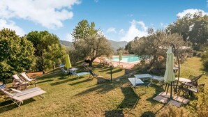 A pool area with lounge chairs and umbrellas, surrounded by trees and a grassy lawn. - Tranquil Farmhouse in Umbria (Monte Santa Maria Tiberina)
