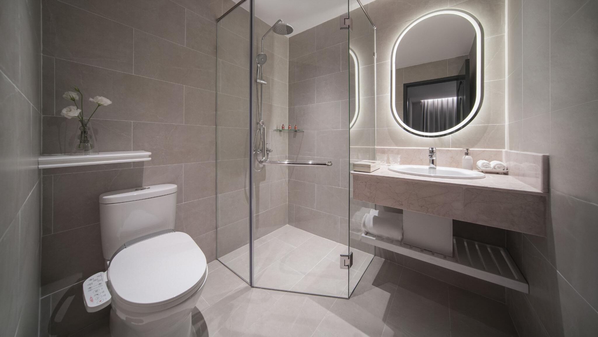 A modern bathroom with a glass-enclosed shower, a toilet, a vanity with a sink, and a mirror.