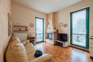 Un salon avec un canapé, une télévision, une cheminée et de grandes fenêtres.