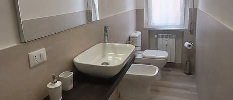Dusche, umweltfreundliche Kosmetikartikel, Haartrockner, Bidet