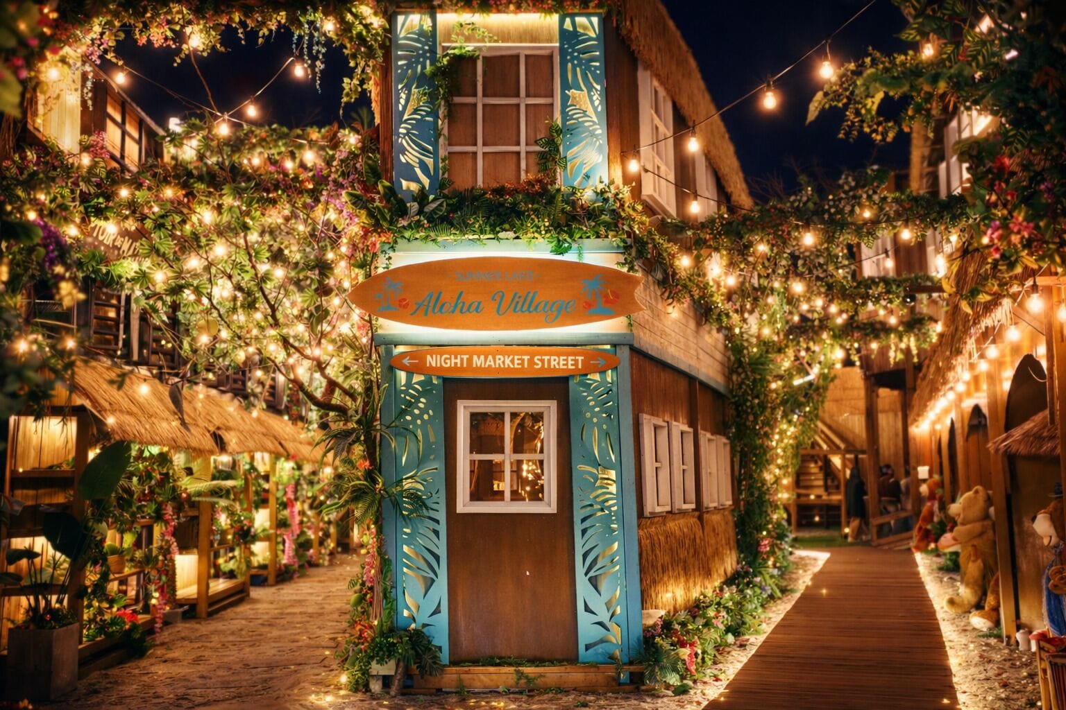 A quaint building with a sign reading 'Aloha Village' and 'Night Market Street,' surrounded by lush greenery and string lights.