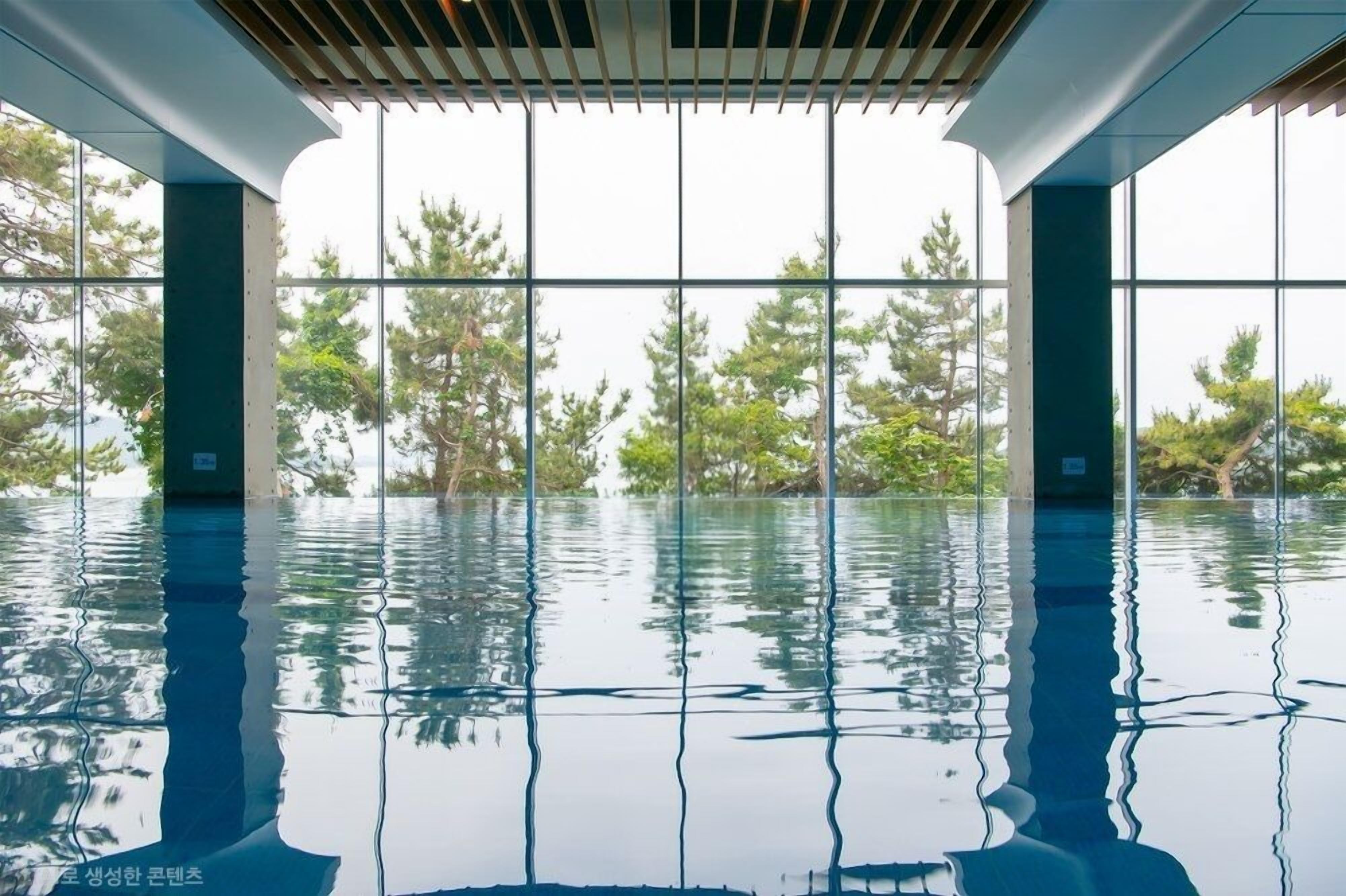 Una piscina interior con amplias ventanas y vistas a árboles.