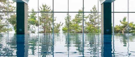 Una piscina interior con amplias ventanas y vistas a árboles.