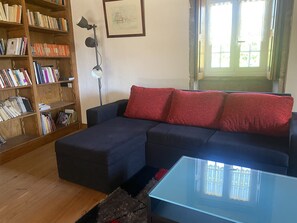 TV connectée, cheminée, table de tennis de table, livres