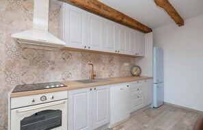 Frigorífico, microondas, horno y placa de cocina