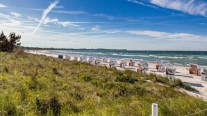 A beach with rows of beach chairs and umbrellas, a sandy path, and a view of the ocean. - Pretty bungalow with fireplace in Boltenhagen (Ostseebad Boltenhagen)