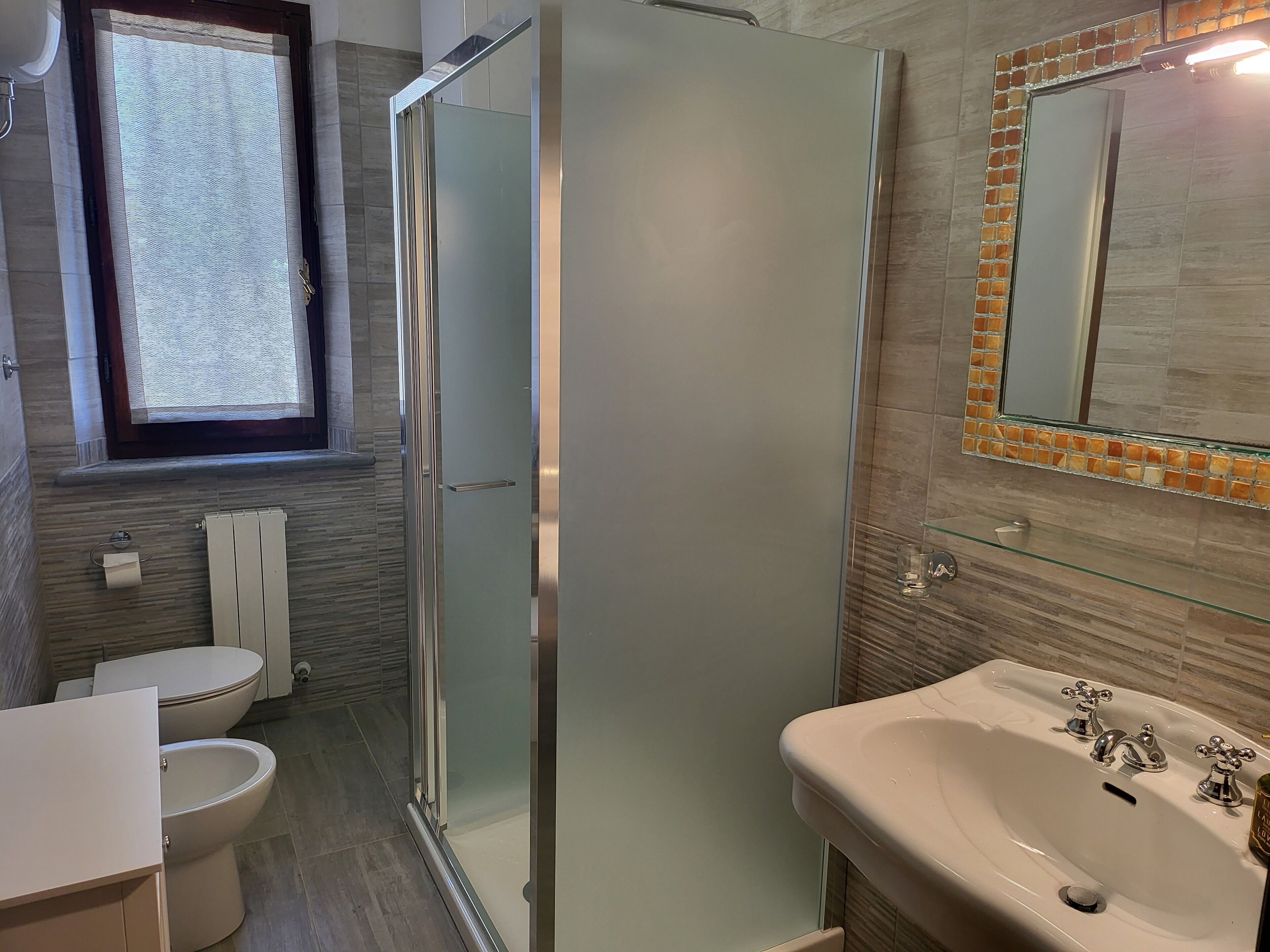 Shower, hair dryer, bidet, towels