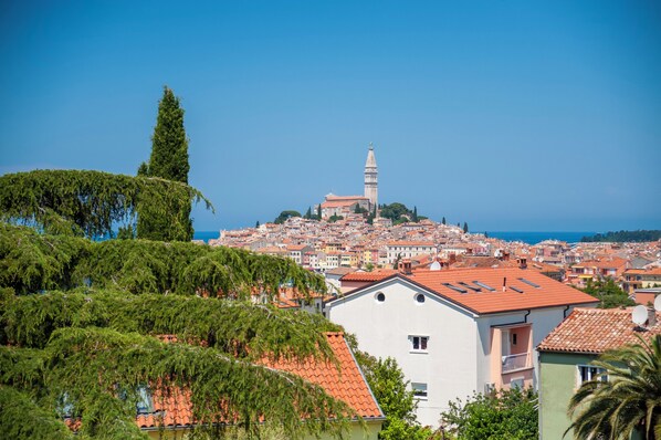 A coastal town with a prominent tower on a hill, surrounded by terraced buildings and lush greenery. - Boutique Residence Arion (Rovinj)