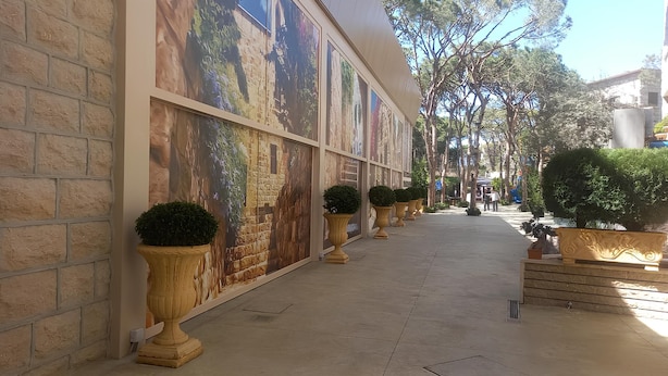 A corridor with a stone wall, large framed artwork, and potted plants.