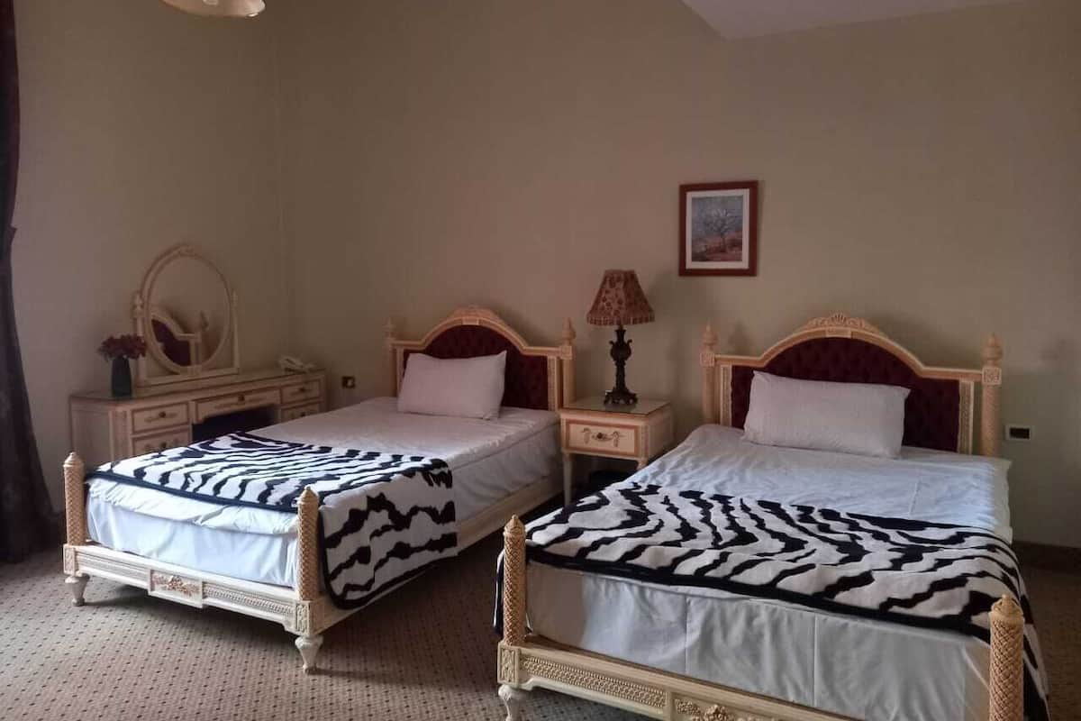 A hotel room with two beds, each with a zebra-patterned bedspread, a bedside table with a lamp, and a mirror on the dresser.