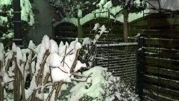 A snow-covered outdoor area with a metal fence, a wooden gate, and a street lamp.