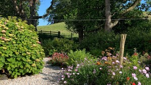 A garden with a gravel path, various flowering plants, and a wooden fence. - Millbrook Cottage (Dalbeattie)