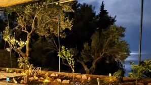 An outdoor patio area with stone flooring, a pergola, and various plants. - Beautiful villa on the beach (Sevid)