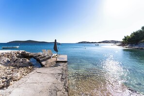 On the beach, sun-loungers