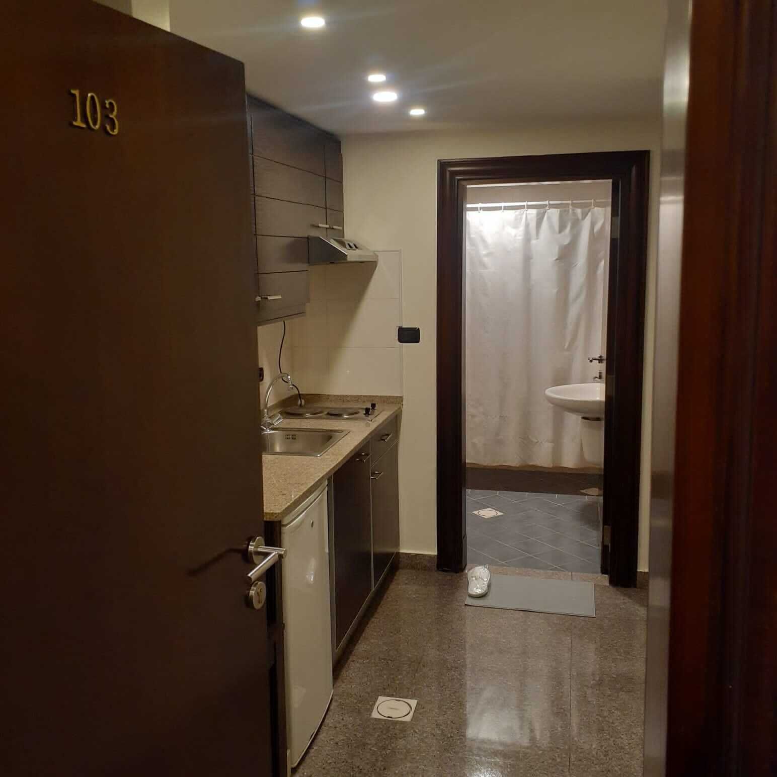 Une cuisine de taille réduite, équipée d’un four encastré, d’un évier et d’un placard.