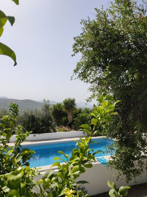 Una piscina circondata da vegetazione rigogliosa e una vista limpida sulle montagne lontane.