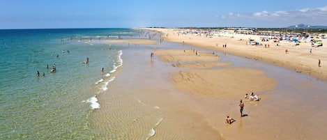 Une plage avec une eau claire, un rivage sablonneux et des rochers au premier plan.