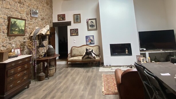A spacious living area with a stone wall, a sofa, a fireplace, and a dining area with a table and chairs. - Appartement Climatisé Avec Terrasse à Vidauban (Vidauban)