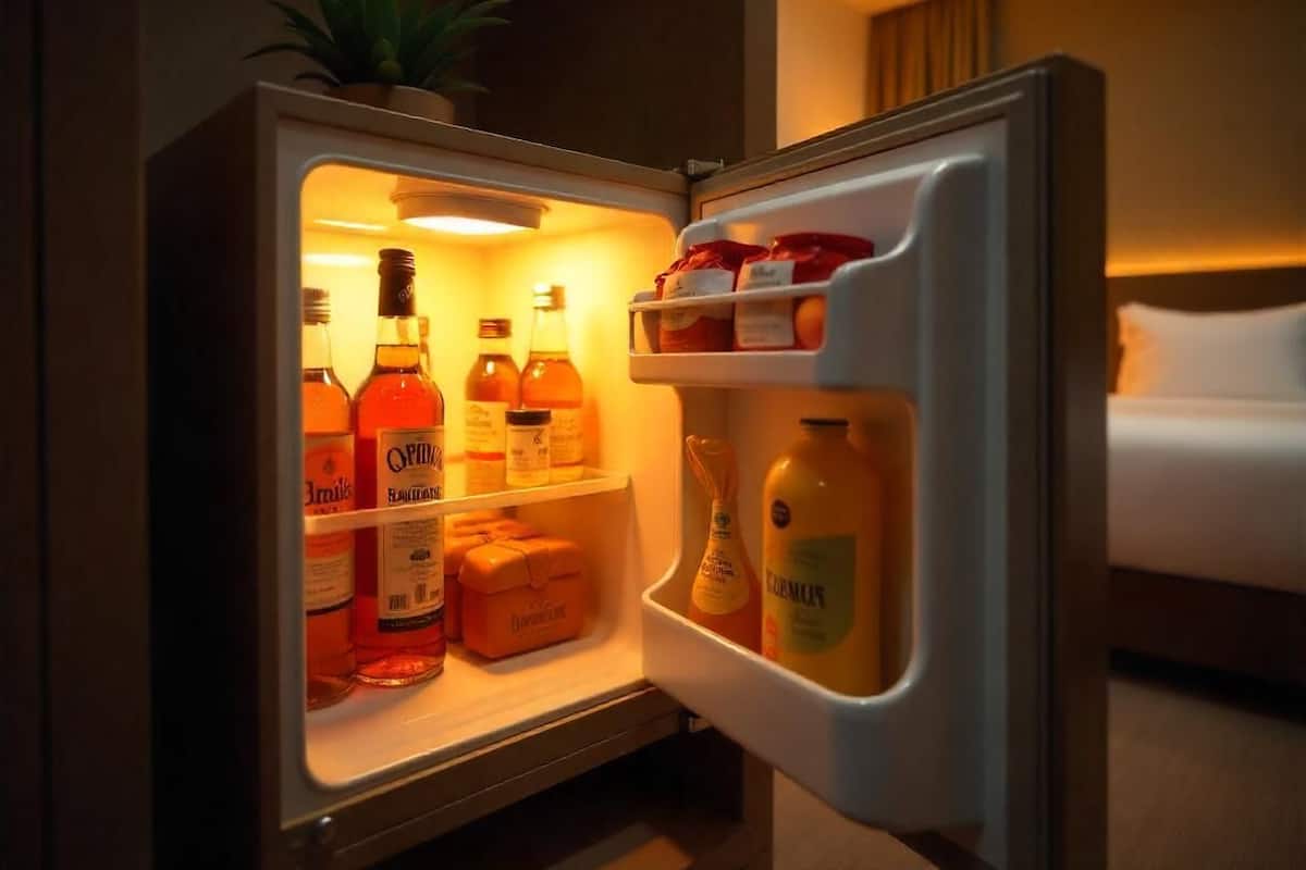 An open refrigerator with various bottles and containers, including a plant on top.