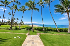 A golf course with palm trees and a view of the ocean. - Pure Luxury Kihei Rare 3BR Oceanfront Condo Freshly Redesigned Ocean Views (Kihei)