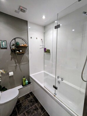 Shower, hair dryer, towels, soap