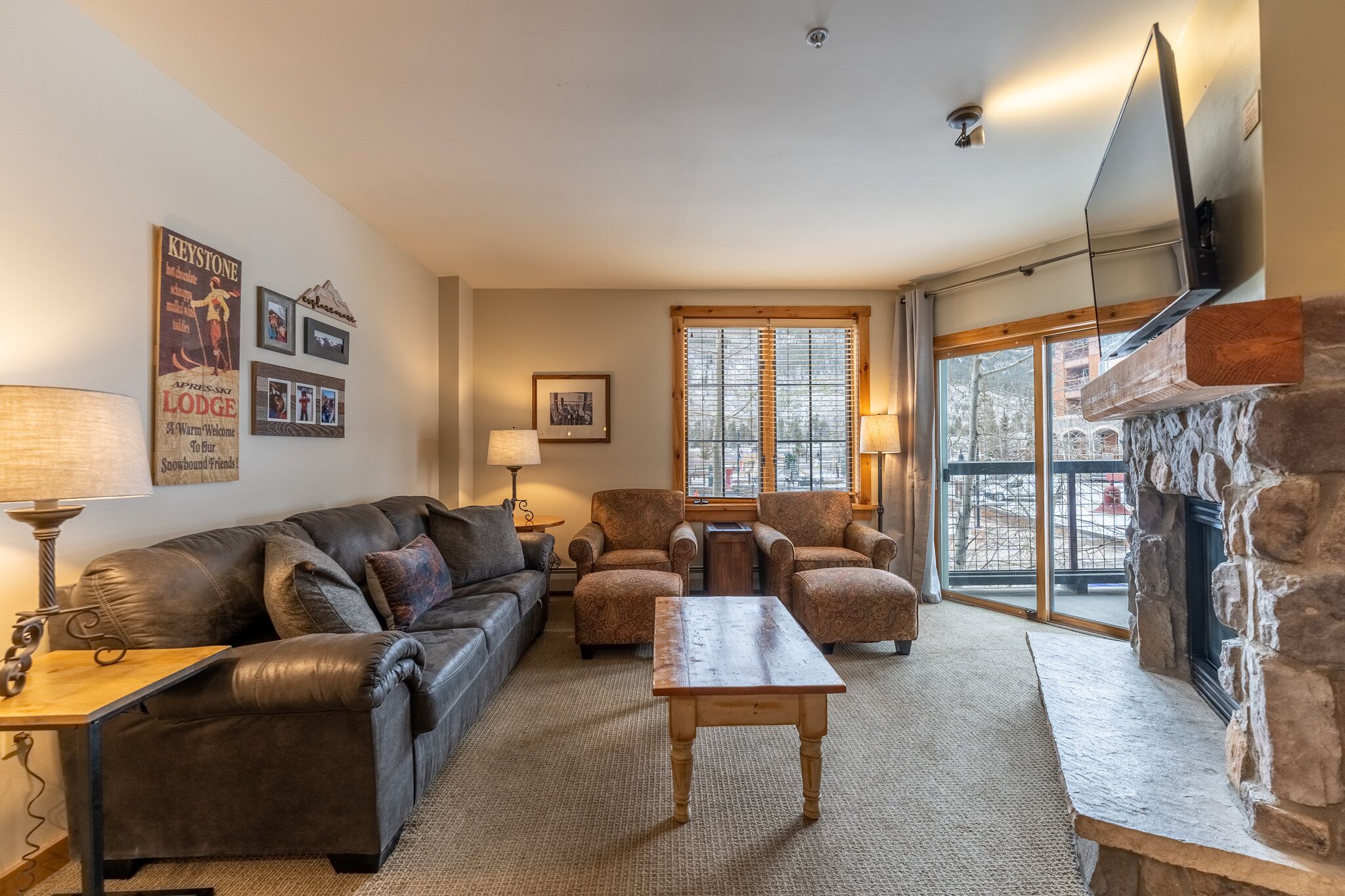 TV, fireplace, books